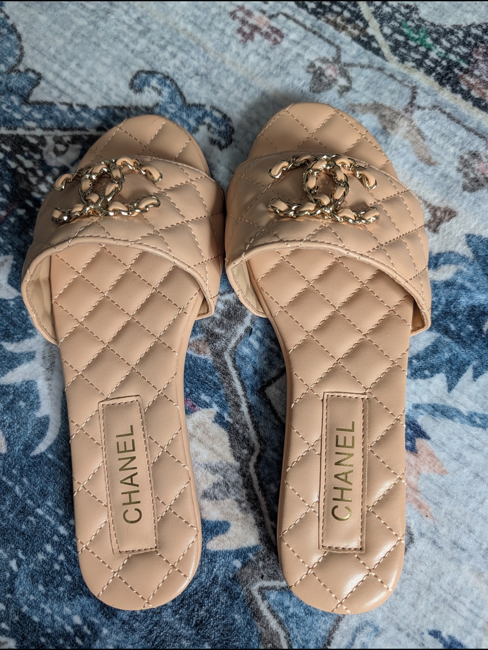 CHANEL Quilted Beige Slide Mules with Gold Chain CC -Size 36/37